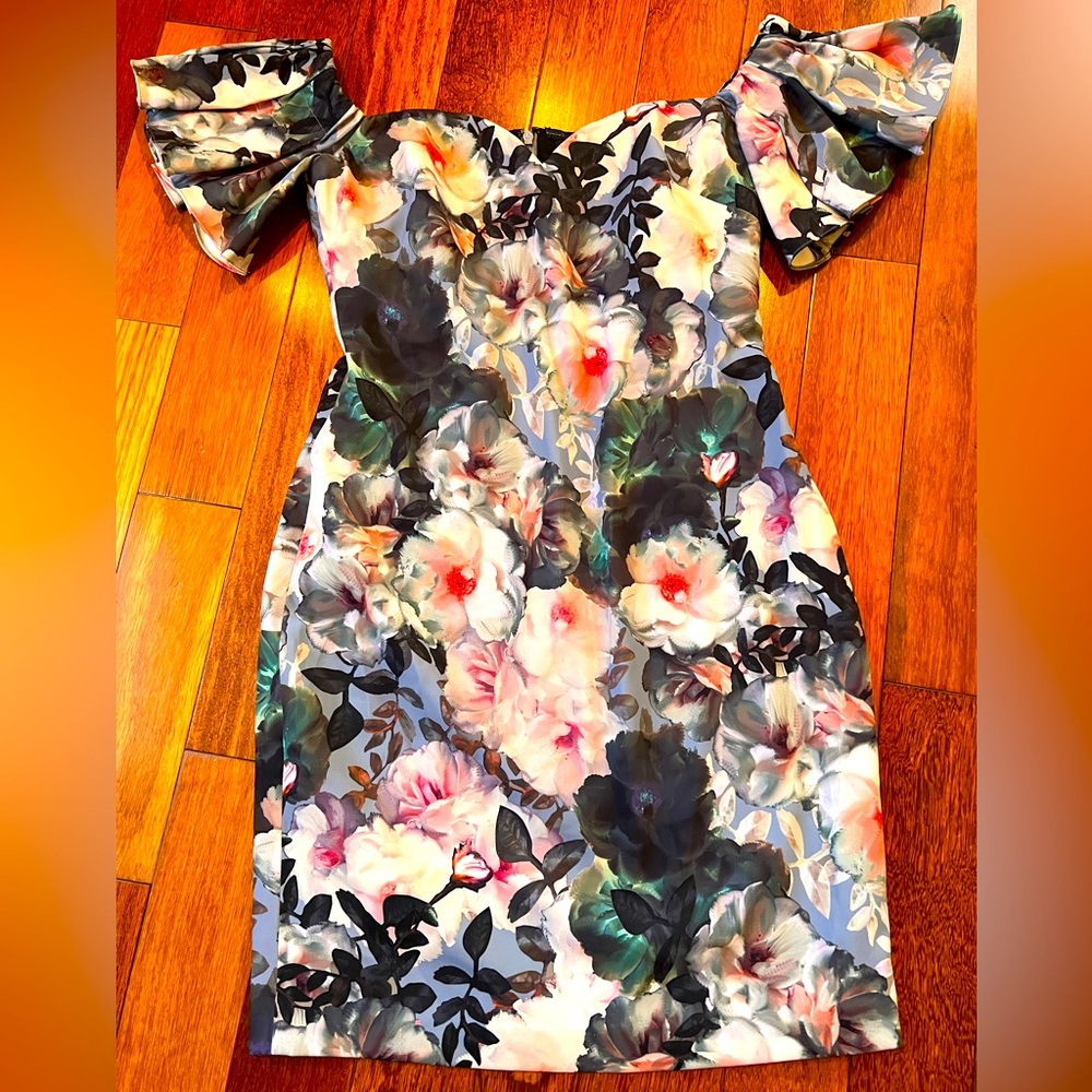Badgley Mischka corset, floral, knee length, off shoulder dress.